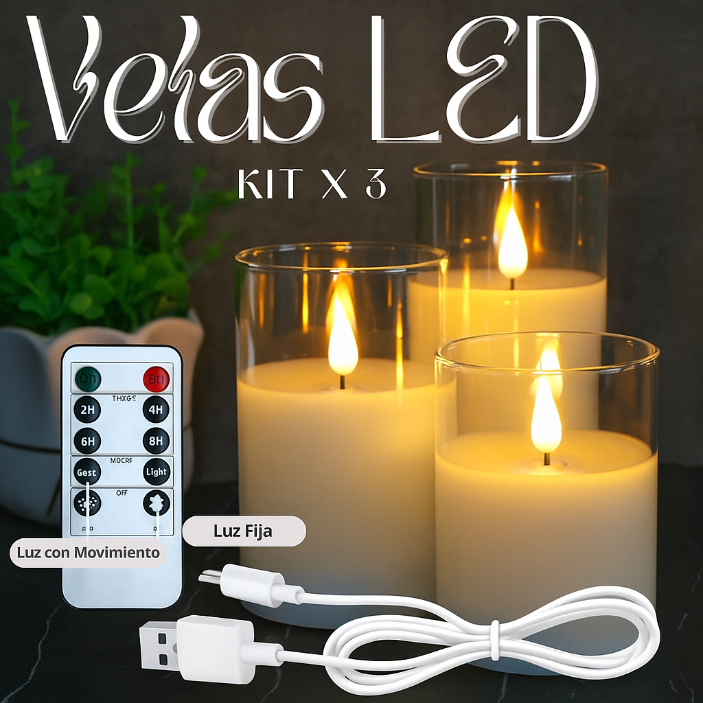 Velas LED con Control - 3 Unidades con Carga USB